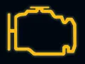 Żółty symbol silnika na ciemnym tle. Migający check engine to znak, że coś jest nie tak z samochodem.