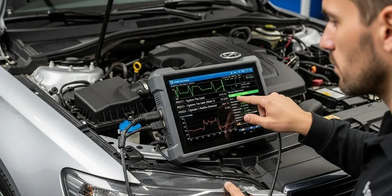 Mechanik diagnozuje problem z samochodem, używając testera do sprawdzenia ECU. Na ekranie widać wykresy parametrów silnika.