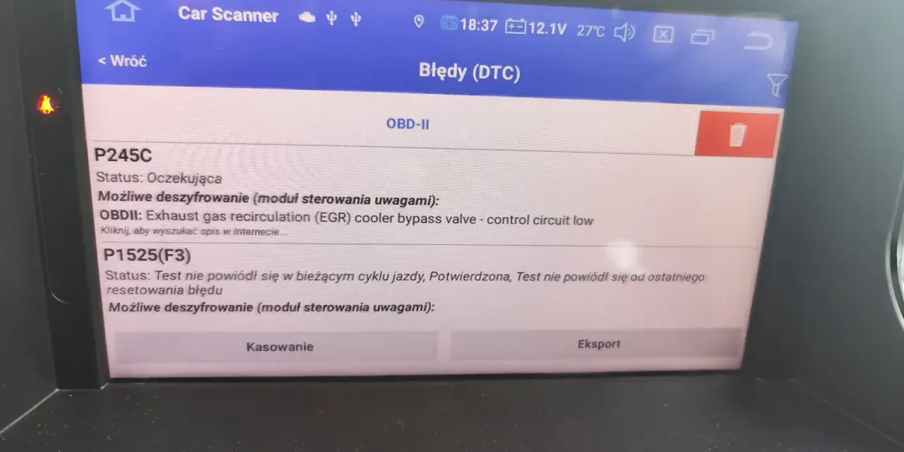 Ekran skanera OBD-II z błędami DTC: P245C (zawór obejściowy chłodnicy EGR - niski obwód sterowania) i P1525(F3) (test nie powiódł się) w Renault.