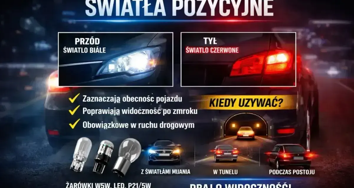 Światła pozycyjne: białe z przodu, czerwone z tyłu. Zapewniają widoczność i bezpieczeństwo na drodze.