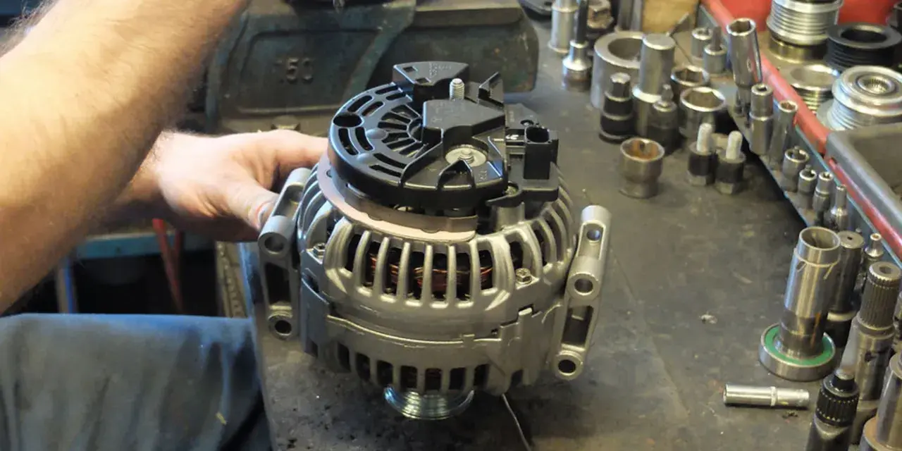 Warsztat samochodowy, gdzie mechanik sprawdza alternator. Zastanawiasz się, ile kosztuje regeneracja alternatora?