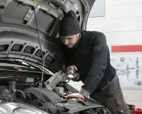 Mechanik z latarką bada silnik Renault, szukając przyczyny błędu DTC P0380.