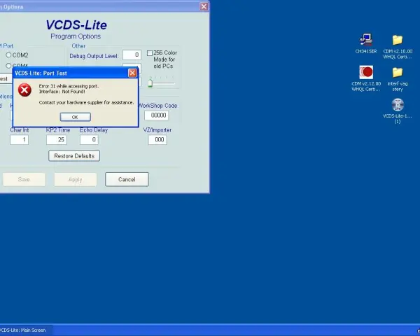 Błąd interfejsu w VCDS-Lite. Program VCDS-Lite wyświetla komunikat o błędzie 31, informując o braku interfejsu i konieczności kontaktu z dostawcą sprzętu.