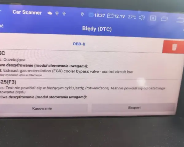 Ekran skanera OBD-II z błędami DTC: P245C (zawór obejściowy chłodnicy EGR - niski obwód sterowania) i P1525(F3) (test nie powiódł się) w Renault.