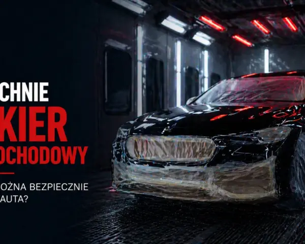 Czarny samochód w kabinie lakierniczej. Tekst: "Ile schnie lakier samochodowy i kiedy można bezpiecznie używać auta?".