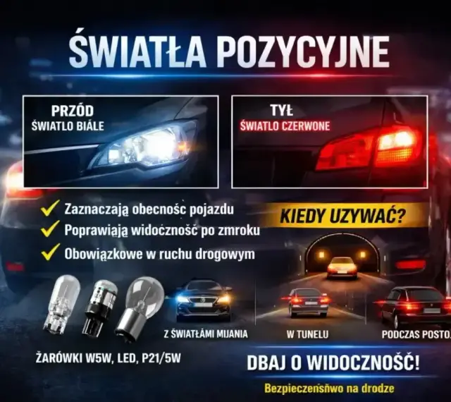 Światła pozycyjne: białe z przodu, czerwone z tyłu. Zapewniają widoczność i bezpieczeństwo na drodze.