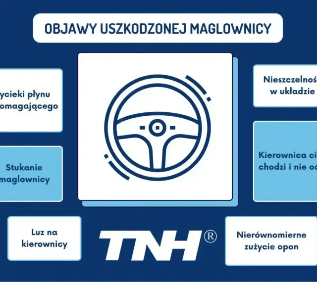 Objawy uszkodzonej maglownicy: wycieki płynu, stukanie, luz na kierownicy, kierownica ciężko chodzi, nierównomierne zużycie opon.