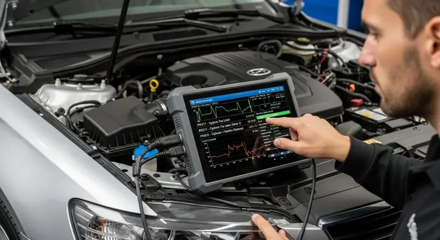 Mechanik diagnozuje problem z samochodem, używając testera do sprawdzenia ECU. Na ekranie widać wykresy parametrów silnika.