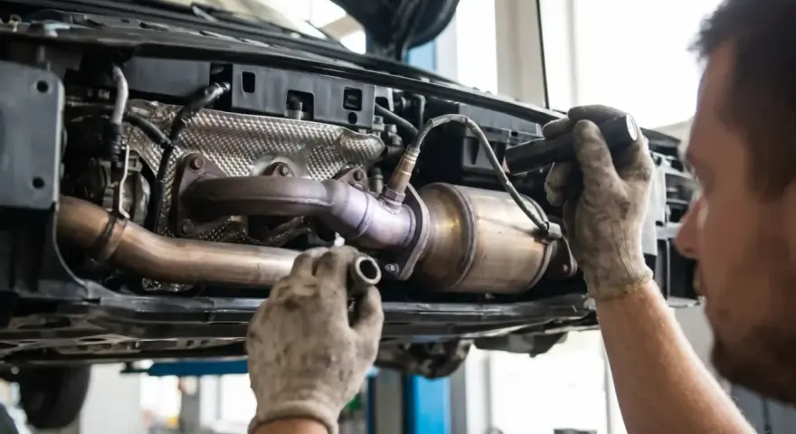 Mechanik naprawia katalizator, który może być przyczyną błędu DTC P0420.