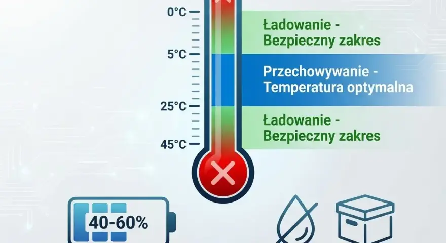 Termometr pokazuje optymalne warunki dla żywotności akumulatora: ładowanie w bezpiecznym zakresie temperatur, przechowywanie w temperaturze 5-25°C, poziom naładowania 40-60% i suche miejsce.