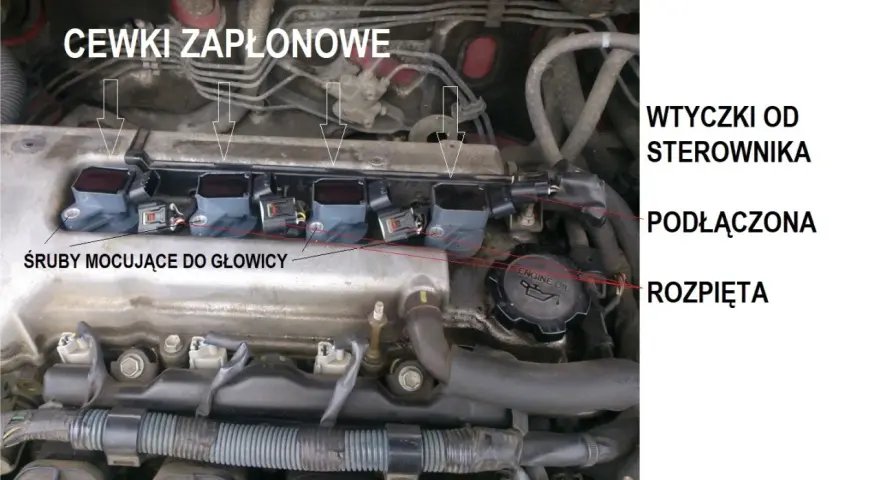 Silnik samochodowy z widocznymi cewkami zapłonowymi, śrubami mocującymi do głowicy i wtyczkami od sterownika.