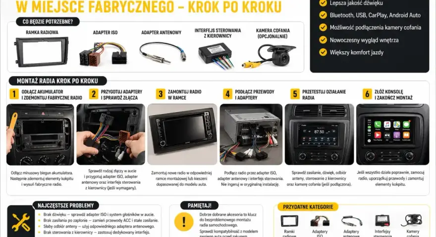 Schemat podłączenia radia samochodowego Pioneer: ramka, adaptery ISO, antenowy, interfejs sterowania z kierownicy. Montaż krok po kroku.