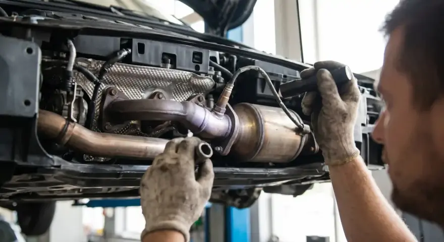 Mechanik w rękawicach sprawdza katalizator p0420. Podwozie samochodu jest podniesione, widać elementy układu wydechowego.