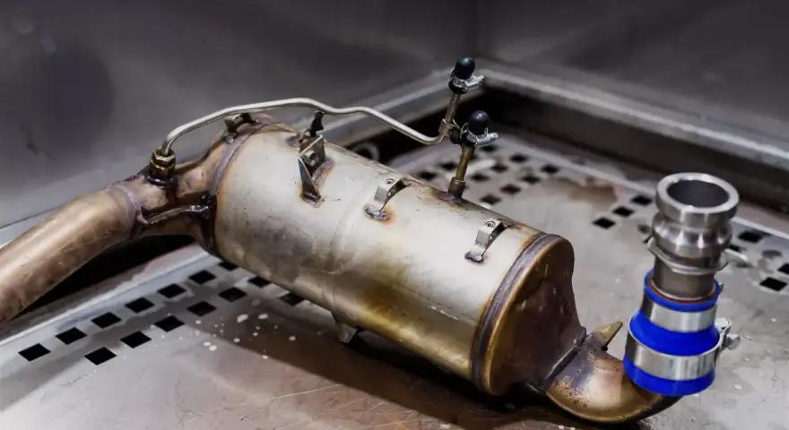 Element układu wydechowego diesla, potencjalnie z objawami zapchanego EGR. Widoczny metalowy cylinder z rurkami i zaciskami.