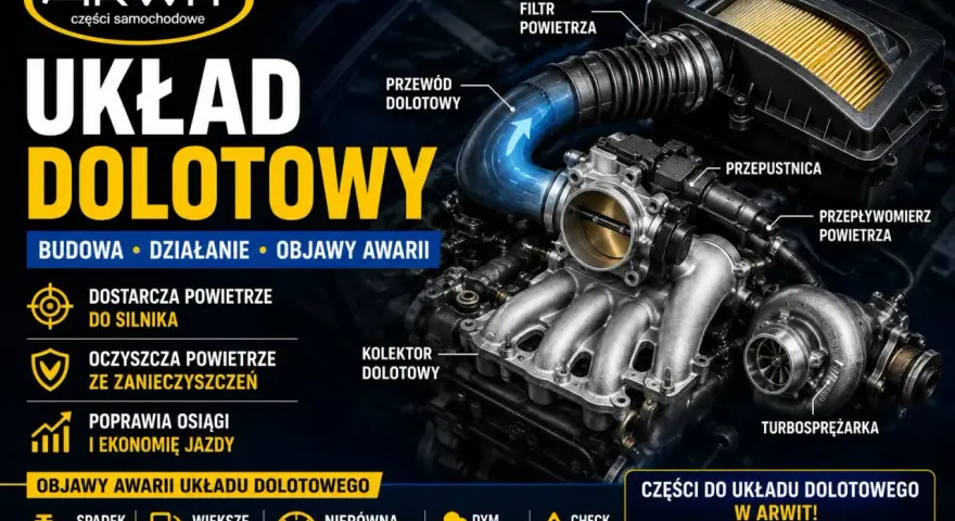 Schemat układu dolotowego silnika z widocznym filtrem powietrza, przepustnicą i turbosprężarką.