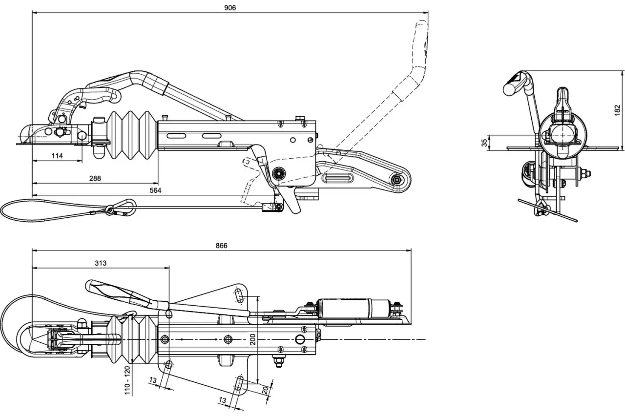 Rysunek techniczny hamulca najazdowego z wymiarami. Widoczny mechanizm sprzęgający i amortyzator.