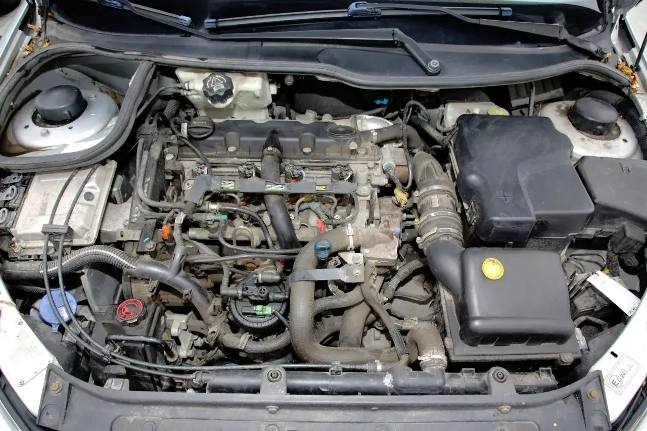 Silnik Peugeot 206 Plus, widok z góry. Widać przewody, filtry i inne elementy jednostki napędowej.