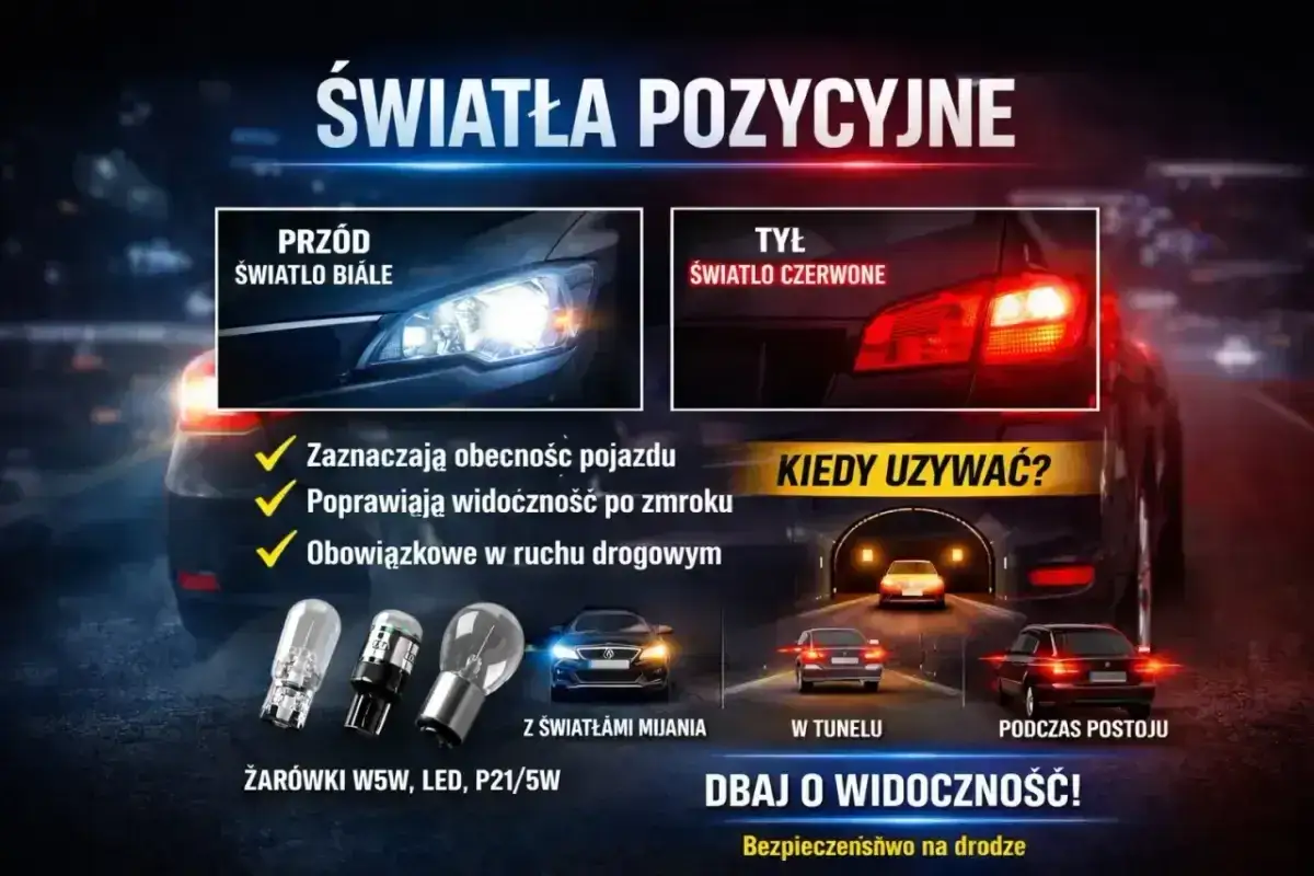 Światła pozycyjne: białe z przodu, czerwone z tyłu. Zapewniają widoczność i bezpieczeństwo na drodze, szczególnie w tunelu czy podczas postoju.