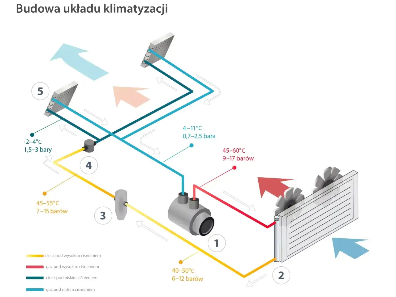 Schemat budowy układu klimatyzacji w samochodzie. Pokazuje przepływ czynnika chłodniczego przez sprężarkę, skraplacz i parownik.