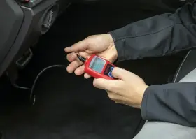 Ręce trzymające czerwony interfejs diagnostyczny OBDII/EOBD, podłączony do samochodu.