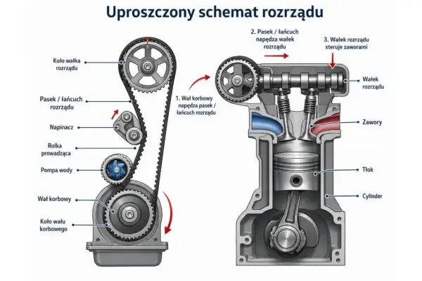 Schemat silnika z rozrządem DOHC. Pasek napędza wałek rozrządu, który steruje zaworami. Wał korbowy napędza pasek.