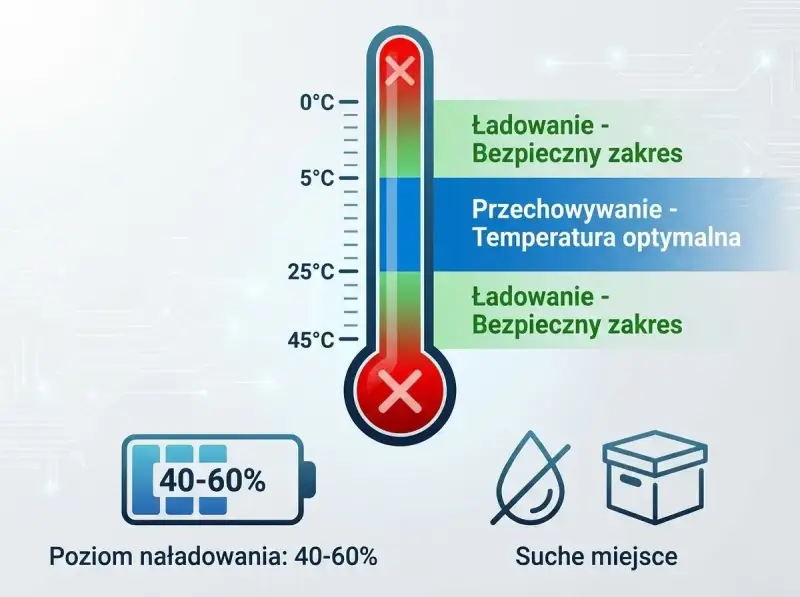 Termometr pokazuje optymalne warunki dla żywotności akumulatora: ładowanie w bezpiecznym zakresie temperatur, przechowywanie w temperaturze 5-25°C, poziom naładowania 40-60% i suche miejsce.